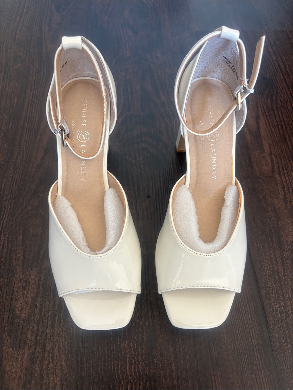 Chinese Laundry Cream Patent Square Open-Toe Ankle-Strap Heels